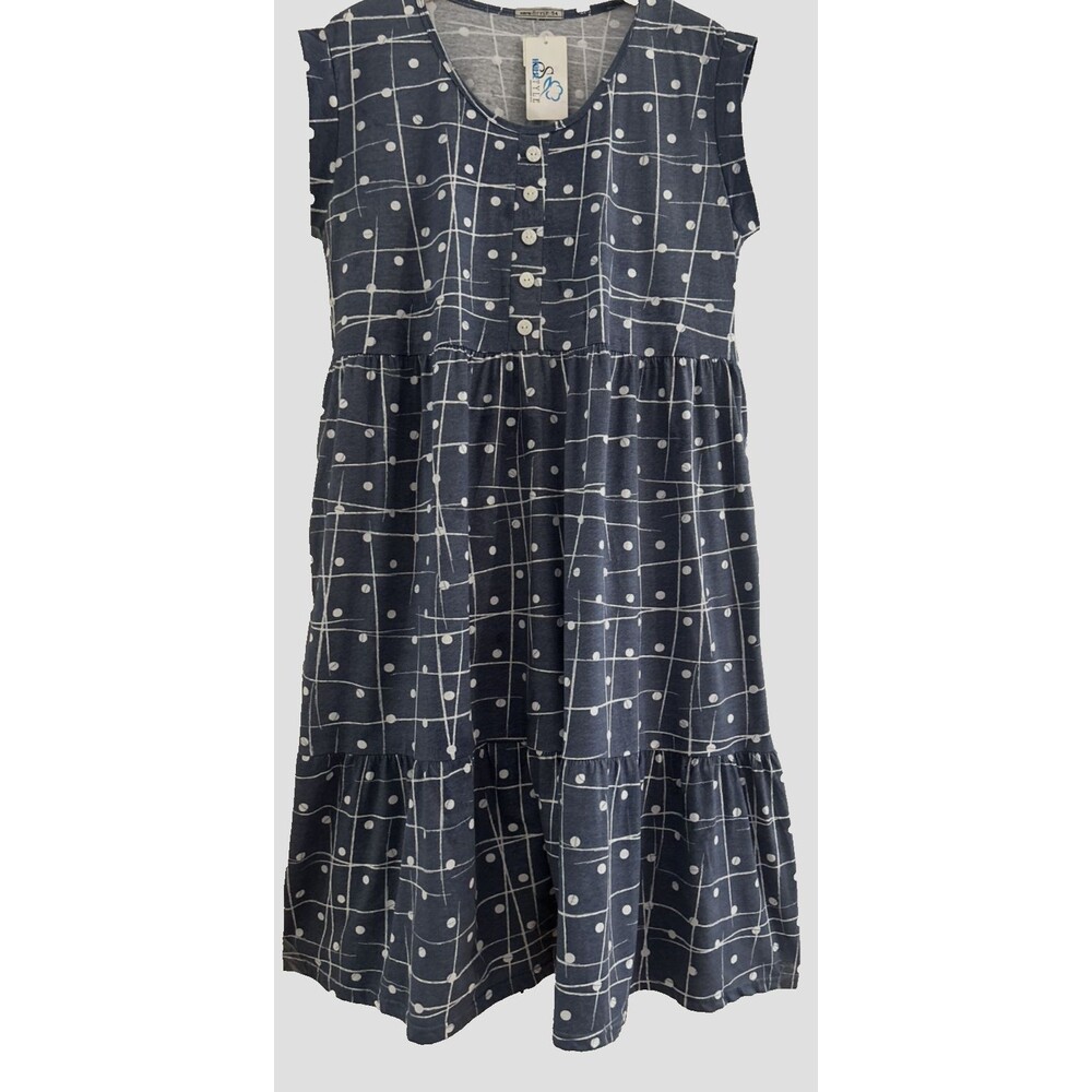 Womens L/XL Blue Cotton Casual Tiered House Dress Short Sleeve LoungeDress Print